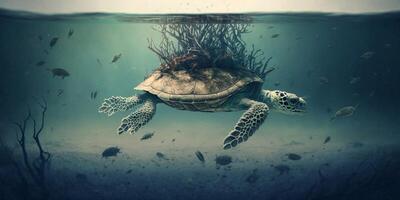 Turtle submerged underwater with broken coral reef in the background - photo