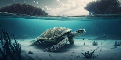 Turtle submerged underwater with broken coral reef in the background - photo