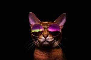 Abyssinian cat wearing sunglasses isolated on black background. Studio shot. photo