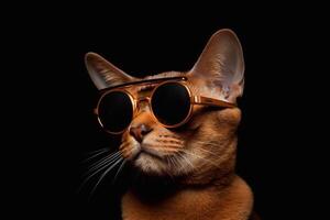 Portrait of a young abyssinian cat wearing brown sunglasses. photo