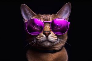 Abyssinian cat wearing sunglasses isolated on black background. Studio shot. photo