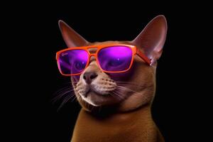 Abyssinian cat wearing sunglasses isolated on black background. Studio shot. photo