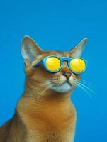 Portrait of a Abyssinian cat wearing yellow sunglasses on a blue background. photo