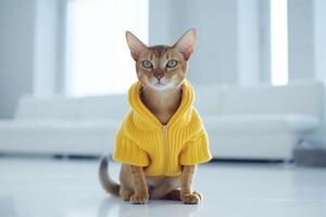 Abyssinian cat wrapped in yellow clothes sitting on floor at home - photo