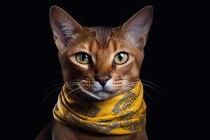 Portrait of Beautiful Abyssinian Cat with yellow eyes in a scarf. photo