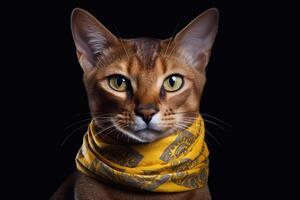 retrato de hermosa abisinio gato con amarillo ojos en un bufanda. generativo ai foto