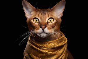 Portrait of Beautiful Abyssinian Cat with yellow eyes in a scarf. photo