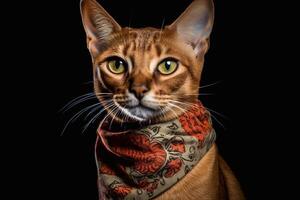 Portrait of Beautiful Abyssinian Cat with yellow eyes in a scarf. photo