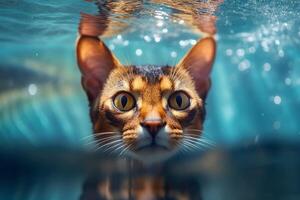 retrato de abisinio gato mirando a cámara mientras nadando en agua - generativo ai foto