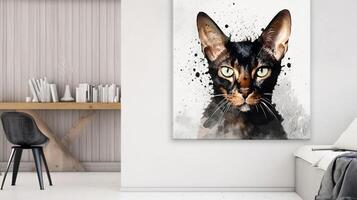 Modern interior design with cat picture on wall, 3d render illustration photo