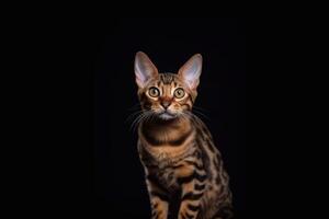 Cute bengal cat sitting on black background and looking at camera. photo