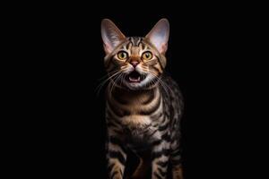 Cute bengal cat sitting on black background and looking at camera. photo