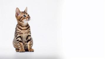 Cute bengal cat on white background. Copy space. photo