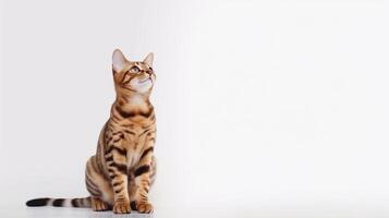 Cute bengal cat on white background. Copy space. photo