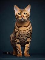 Studio photography of a bengal cat on colored backgrounds, spotlights. photo