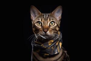 Cute bengal cat sitting on black background and looking at camera. photo