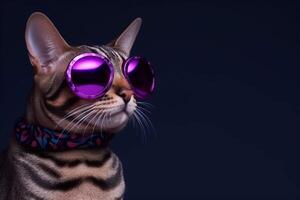 Portrait of a cute bengal cat wearing purple sunglasses. photo