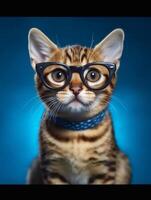 Bengal cat with glasses on blue background. photo