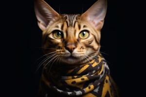 Portrait of a bengal cat in a scarf on a black background. Generative IA photo