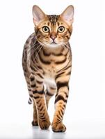 Bengal cat on white background looking at camera. Studio Shot. photo