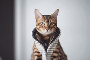 Cute bengal cat wrapped in blanket on sofa at home. photo