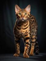 estudio fotografía de un Bengala gato en de colores antecedentes, focos generativo ai foto