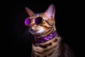 Portrait of a cute bengal cat wearing purple sunglasses. photo