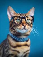 Bengal cat with glasses on blue background. photo