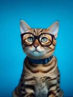 Bengal cat with glasses on blue background. photo