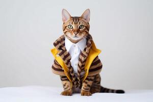 Cute bengal cat wrapped in blanket on sofa at home. photo