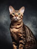 Studio photography of a bengal cat on colored backgrounds, spotlights. photo