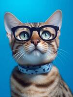 Bengal cat with glasses on blue background. photo
