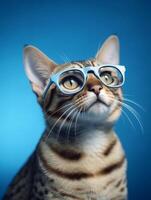 Bengal cat with glasses on blue background. photo