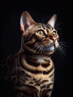 Portrait of bengal cat on dark background, close up. photo