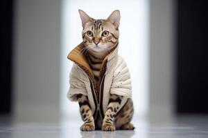 Cute bengal cat wrapped in blanket on sofa at home. photo