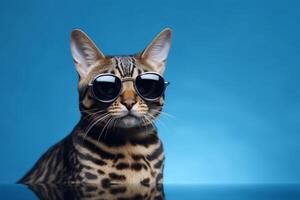 Bengal cat with glasses on blue background. photo