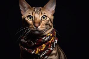 Portrait of a bengal cat in a scarf on a black background. Generative IA photo