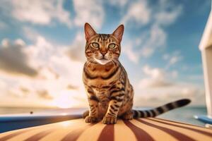 Beautiful bengal cat sitting on a surfboard by the sea. photo