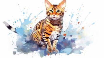 Bengal cat. Digital watercolor painting on white background. Generative AI photo