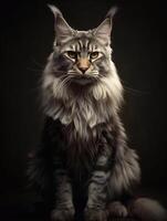 retrato de un de pelo largo Maine mapache gato en oscuro antecedentes. generativo ai foto