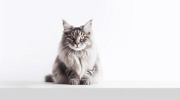 Cute tabby maine coon kitten sitting on white studio background. photo