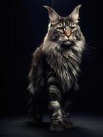 Portrait of a long-haired Maine Coon cat on dark background. photo