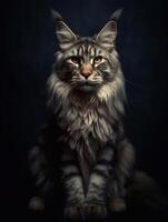 Portrait of a long-haired Maine Coon cat on dark background. photo