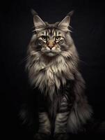 retrato de un de pelo largo Maine mapache gato en oscuro antecedentes. generativo ai foto