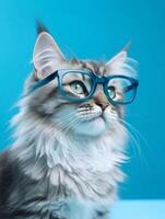 Ginger Maine coon cat wearing eyeglasses on blue background. photo