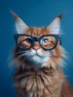 Ginger Maine coon cat wearing eyeglasses on blue background. photo