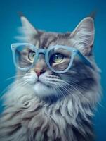 Ginger Maine coon cat wearing eyeglasses on blue background. photo