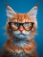 Ginger Maine coon cat wearing eyeglasses on blue background. photo