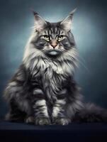 Portrait of a long-haired Maine Coon cat on dark background. photo