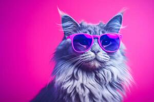 Portrait of a beautiful Maine coon cat wearing sunglasses on a pink background. photo